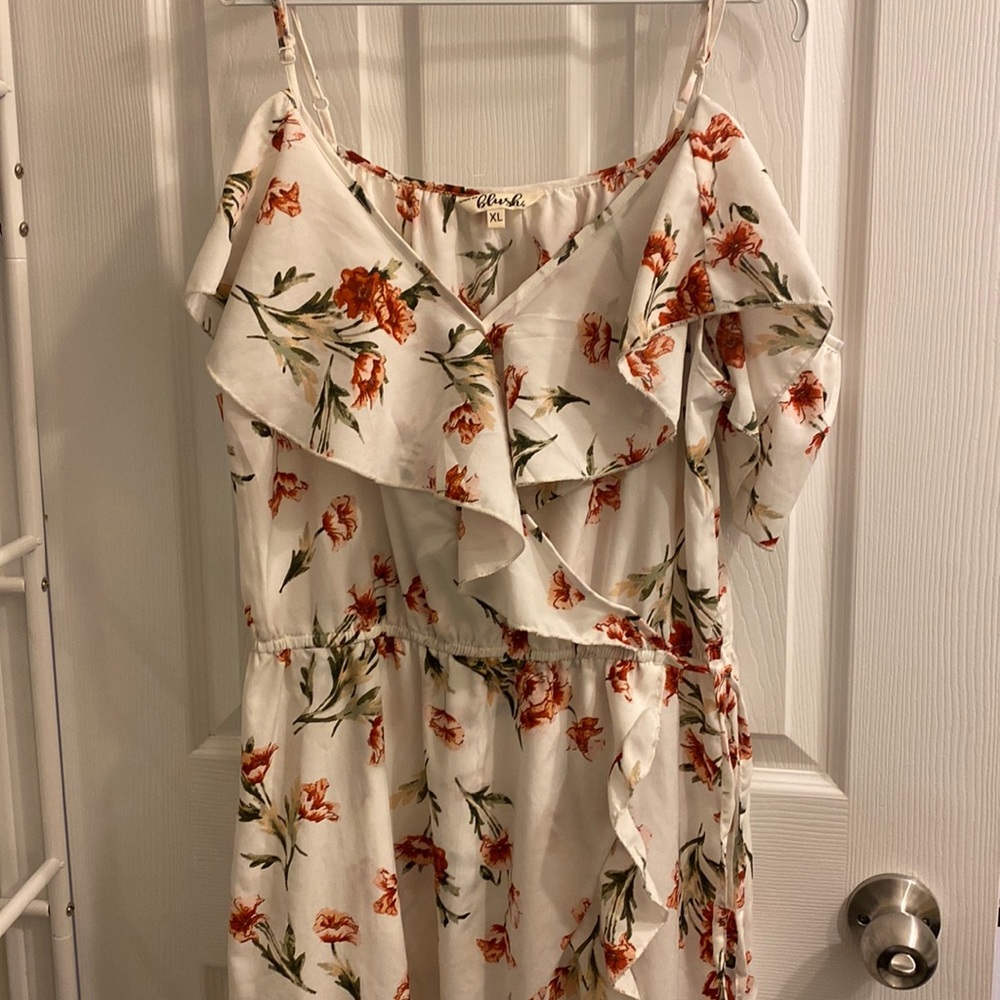 Floral High Low Riffle Off Shoulder Dress